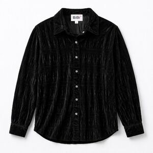 BiBi Crushed Textured Velvet Button Up Blouse Stretch Black Women S Modern Chic